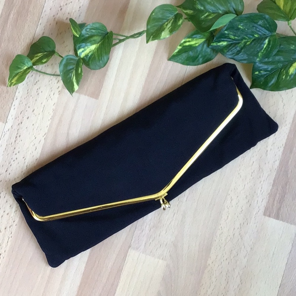 Vintage Like NEW Black Foldover Clutch with Gold Accent - Picture 1 of 10
